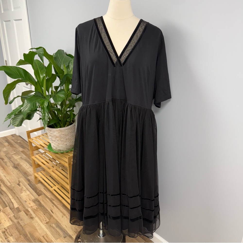 Eshatki Wayward Fancies Black Jersey Knit Midi Dress 5X 32W Velvet Mesh Banding